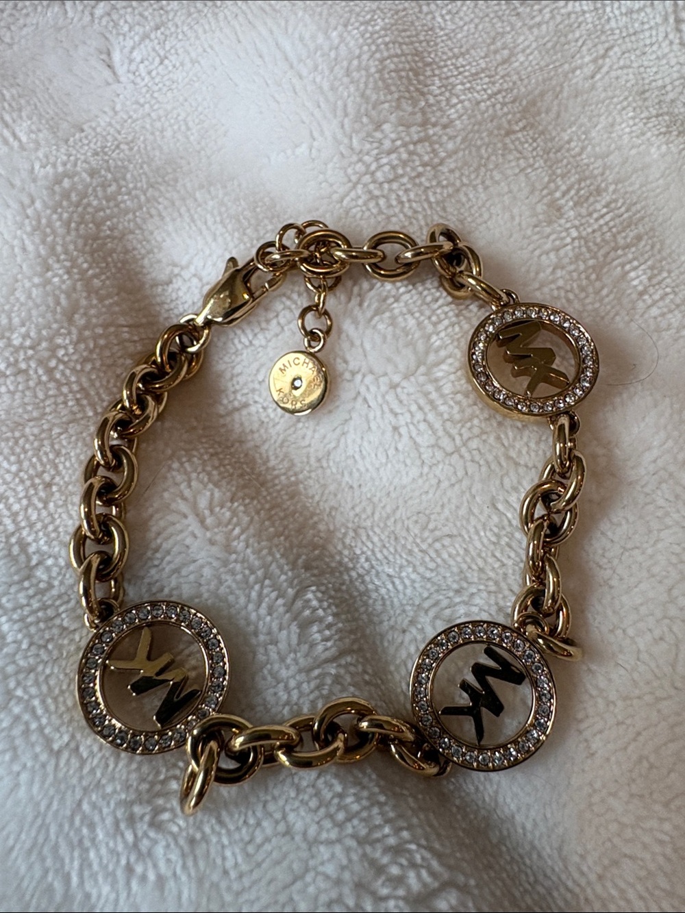 Michael Kors Gold Tone Crystal MK Logo Chain Bracelet Adjustable